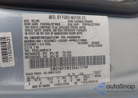 2003 Mercury Grand Marquis Ls from USA, damaged, VIN 2MEFM75W23X611799